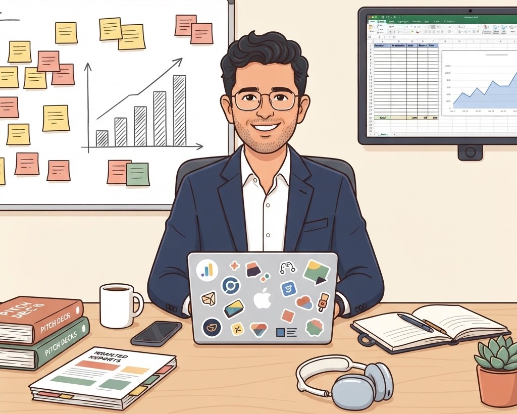 Cartoon illustration of Aditya at his desk, laptop open, a whiteboard of sticky notes and a rising chart behind him.